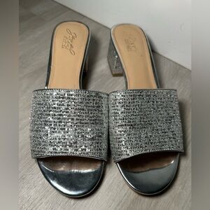 Badgley Mischka Camelia Crystal-Embellished Peep-Toe Mules with Block Heel 7.5